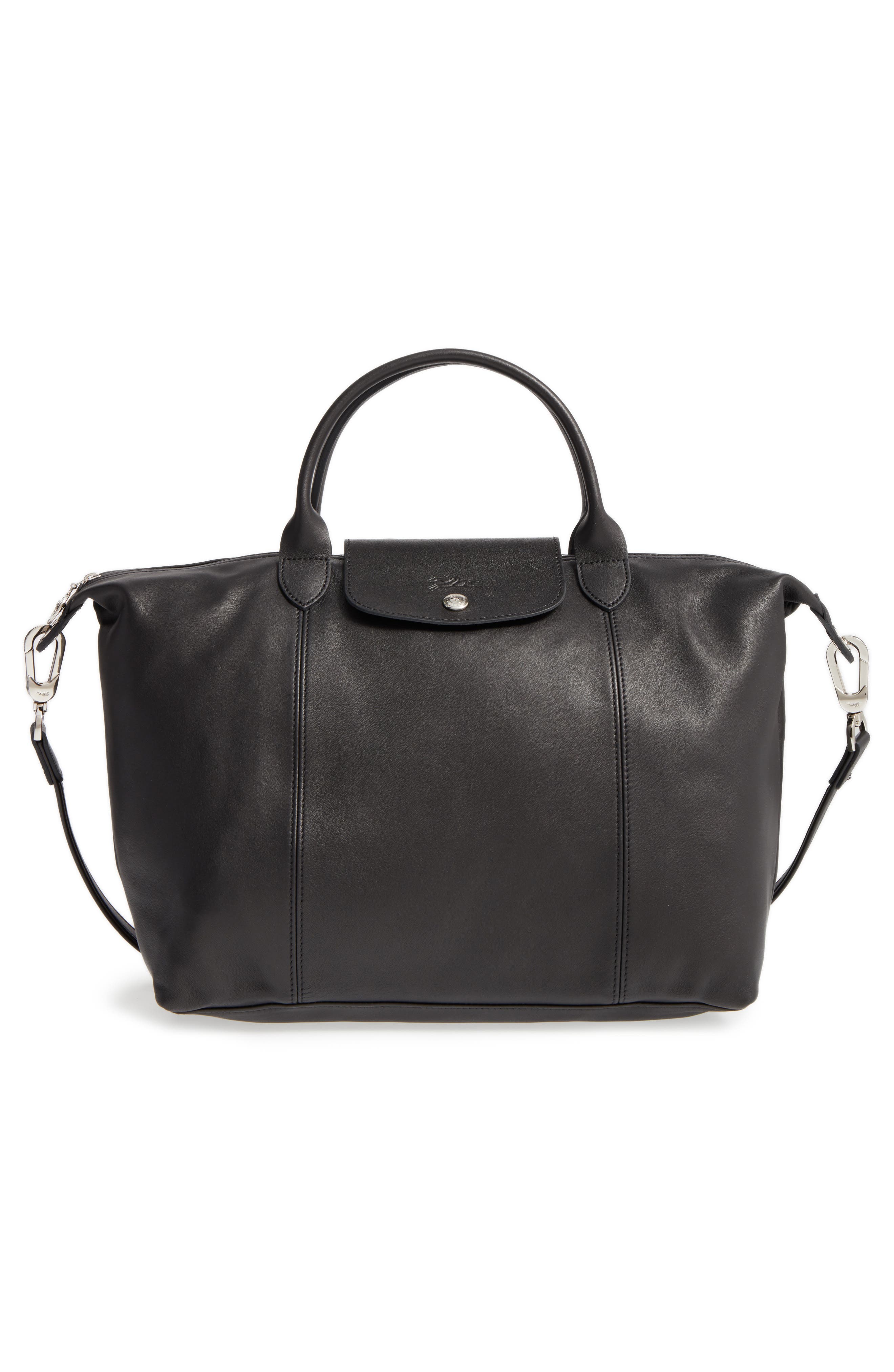 Medium 'Le Pliage Cuir' Leather Top Handle Tote, Alternate, color, BLACK