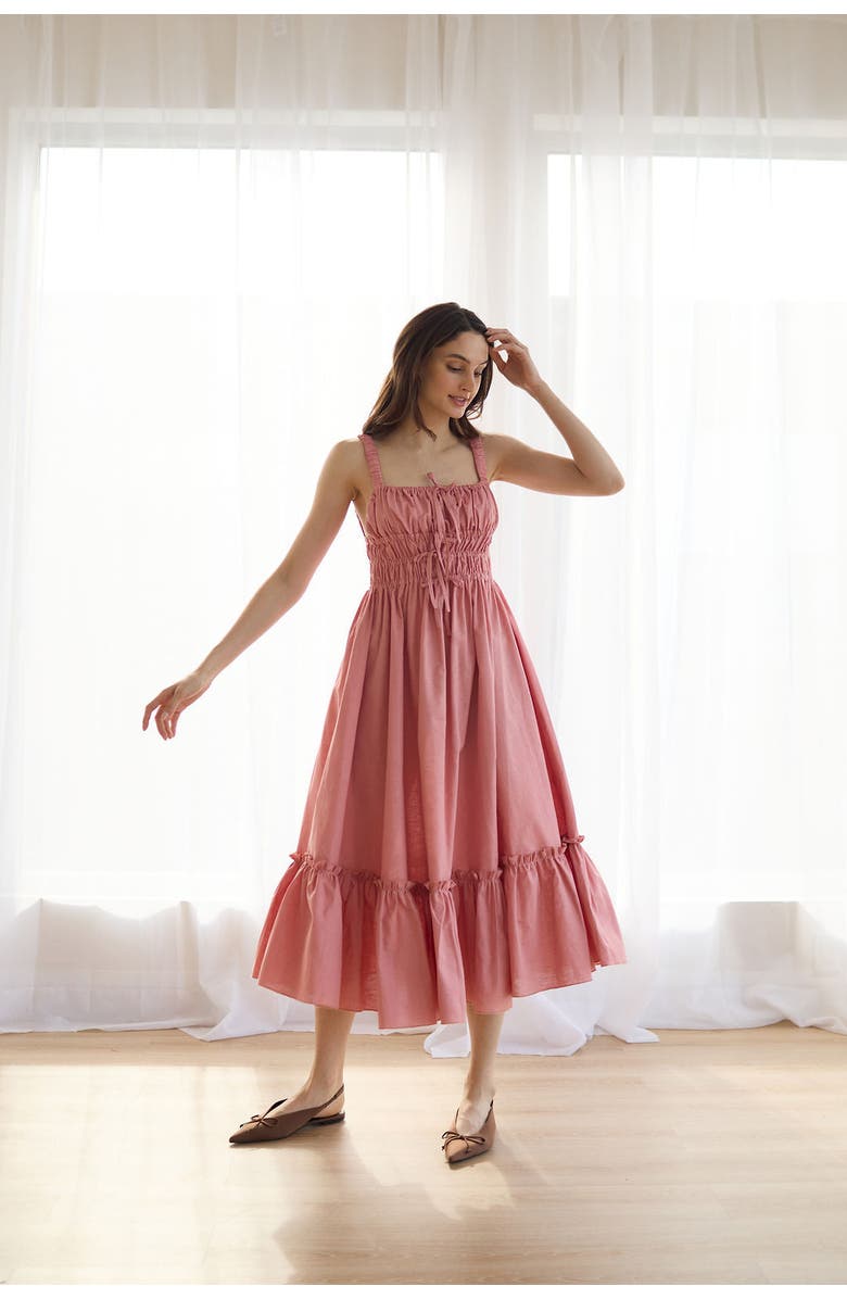 Vasiliki Amara Ruched Midi Linen Dress, Alternate, color, Dusty Pink