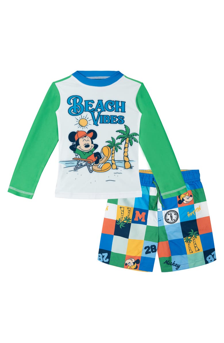 Disney Mickey Mouse Swimwear 2-Piece Rash Guard and Swim Trunks Set, Main, color, Mickey Beach Green