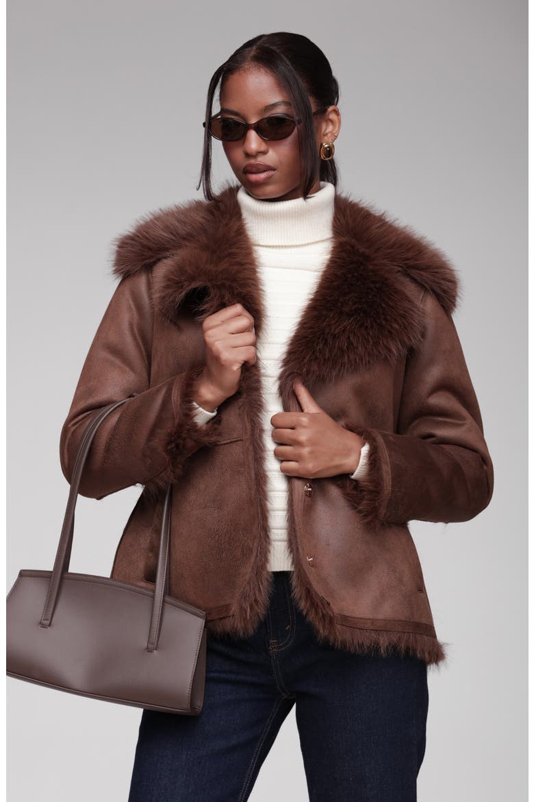 Faux Shearling Jacket with Faux Fur Trim, Alternate, color, JAVA