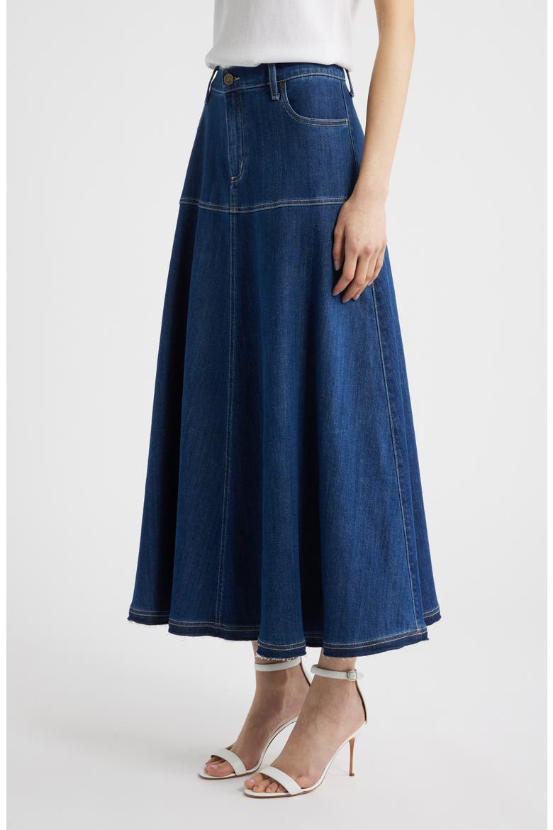 Ysabelle Raw Release Hem Denim Skirt, Alternate, color, MEDIUM INDIGO