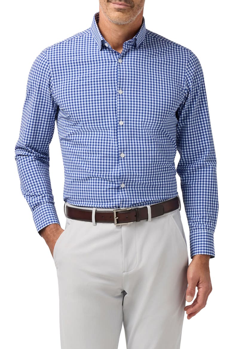 Leeward Trim Fit Gingham Performance Button-Up Shirt, Main, color, COBALT CREW