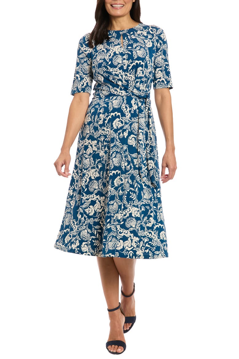 Side Tie Jersey Midi Dress, Main, color, TEAL/ BEIGE