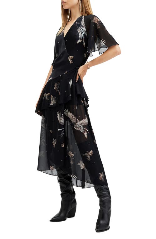 Allsaints Alana Printed Wrap Over Midi Dress
