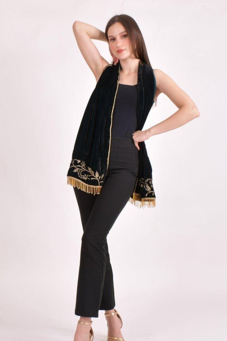 Zari & Cutdana Hand Embroidered Velvet Scarf, Alternate, color, Teal