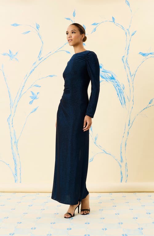 Maggy London Metallic Long Sleeve Gown In Navy