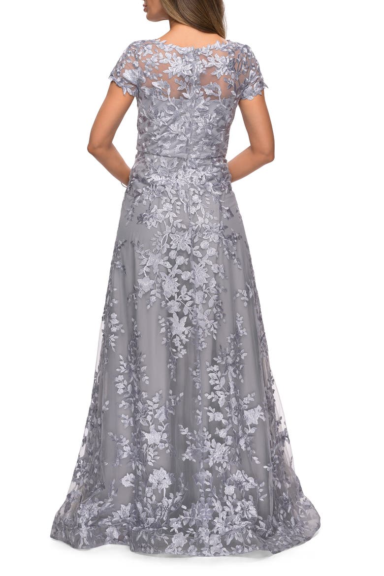 Long Lace Evening Dress with Cap Sleeves, Alternate, color, Platinum