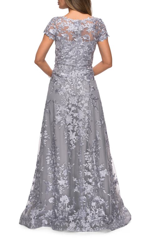 La Femme Long Lace Evening Dress With Cap Sleeves In Platinum