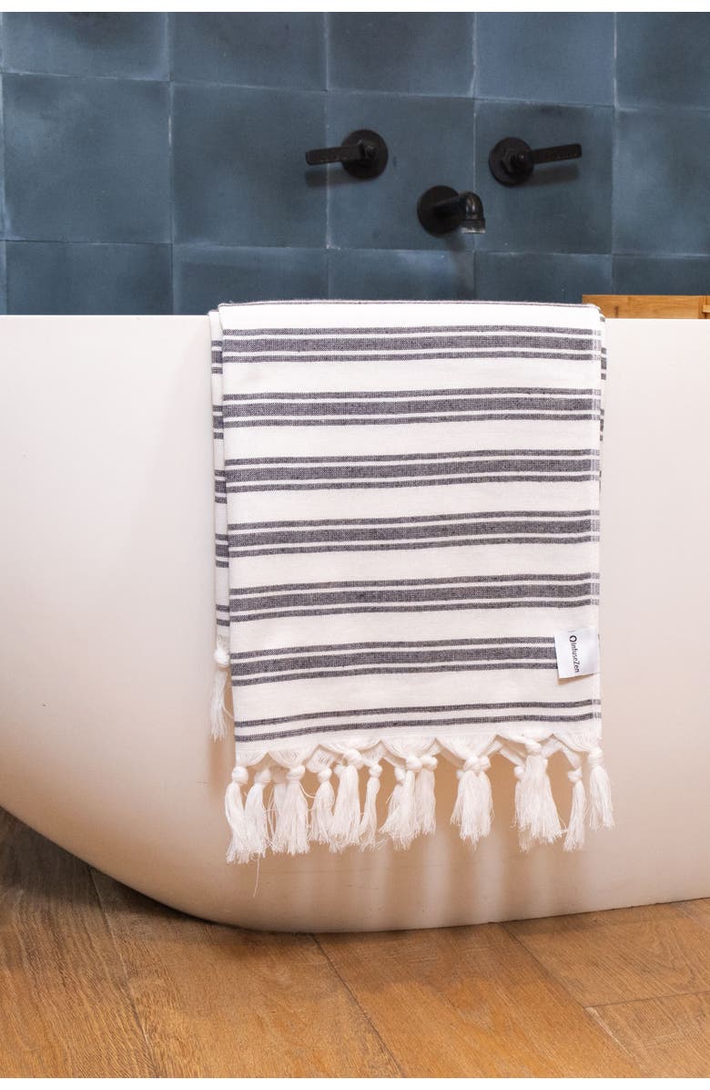 InfuseZen Bask Striped Organic Turkish Towel with Soft Terry Cloth Back, Alternate, color, Black