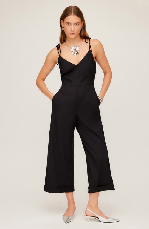Shop Fifteen Twenty Dana Tie Strap Wide Leg Crop Linen Blend Jumpsuit In Black