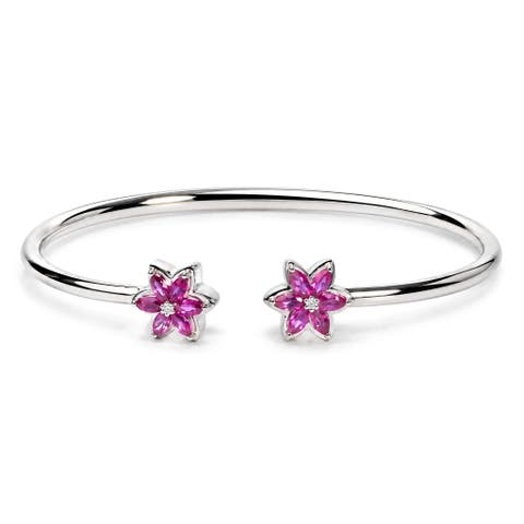 .925 Sterling Silver Ruby With Diamond Accent Floral Flexy Open Bangle Bracelet