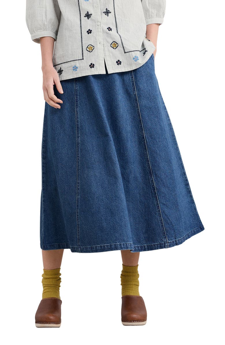 Seasalt Cornwall Restharrow Cotton & Linen A-Line Denim Skirt, Main, color, Mid Wash