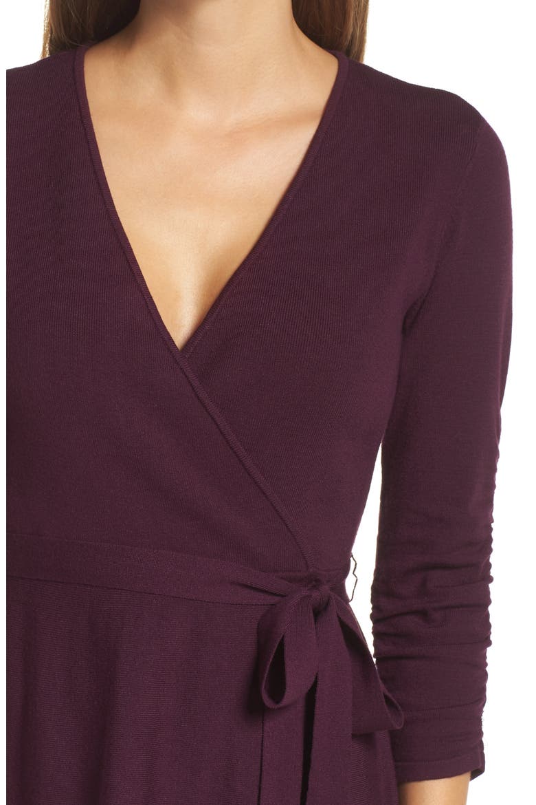 Faux Wrap Sweater Dress, Alternate, color, WINE