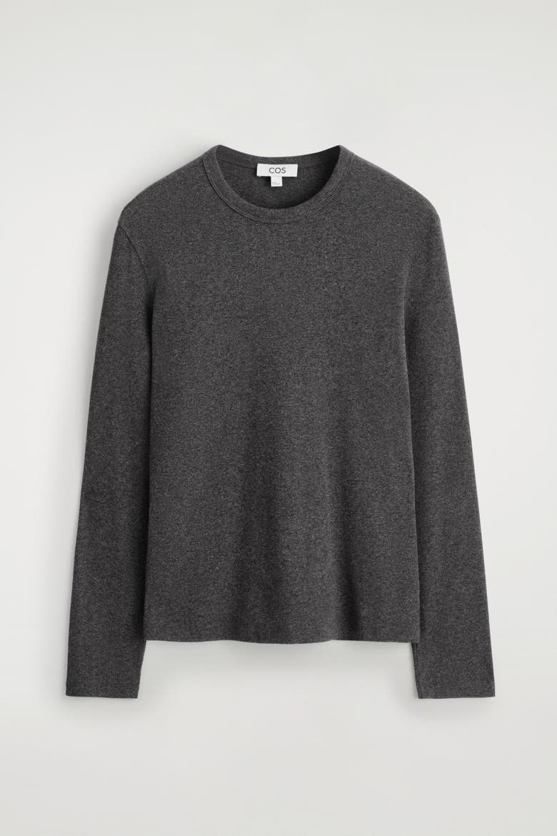 Slim Ribbed Cotton Long-Sleeved T-Shirt, Alternate, color, DARK-GRAY MÉLANGE