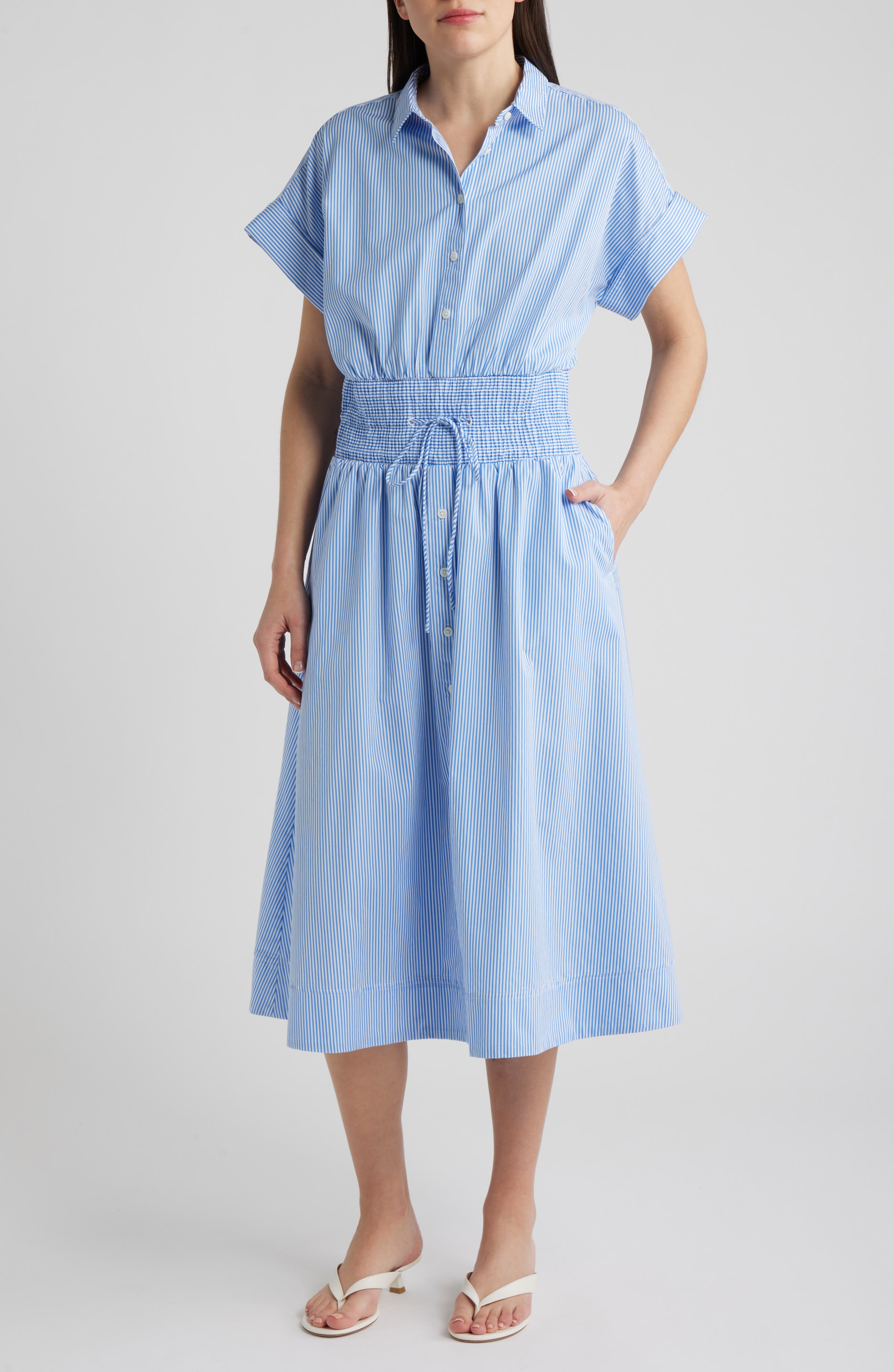 striped poplin smocked midi pocket dress Casual Going Out Fitted Navy/White Stripe/L Midi Dresses Sleeveless Square Neck Women Dresses OGLmove