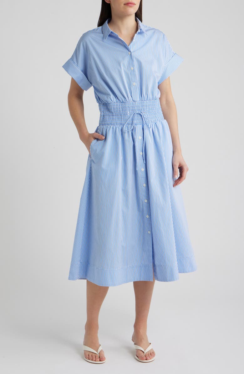 SPANX<sup>®</sup> Stripe Smocked Waist Cotton Midi Dress, Main, color, Aster
