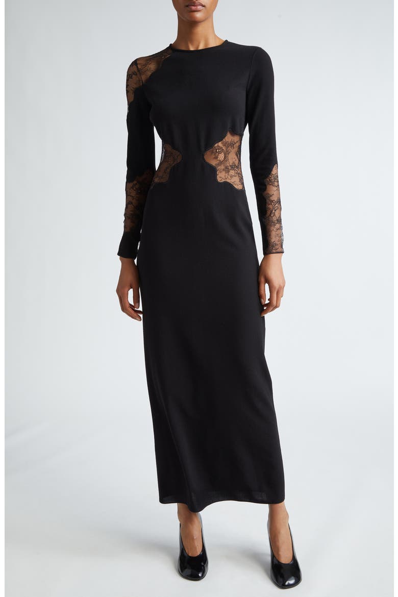 Enziana Peekaboo Lace Long Sleeve Wool Blend Crepe Dress, Main, color, BLACK