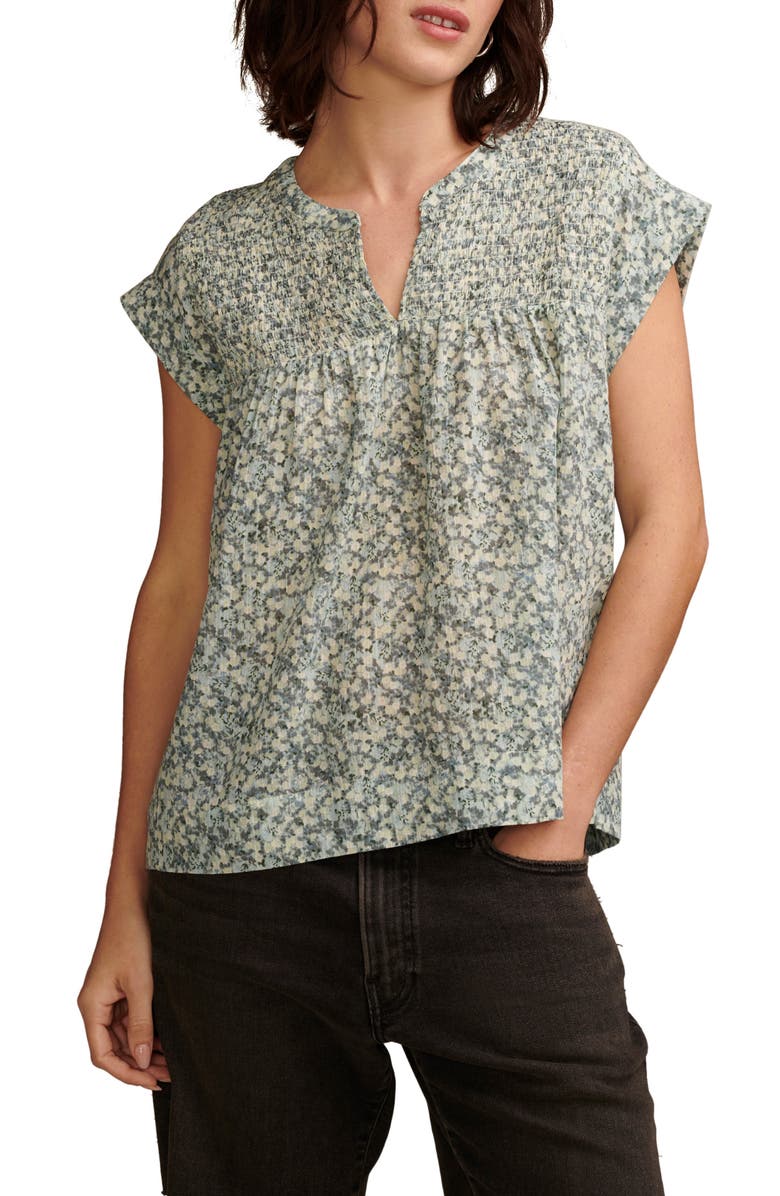 Lucky Brand Print Smocked Top, Main, color, Aqua Multi