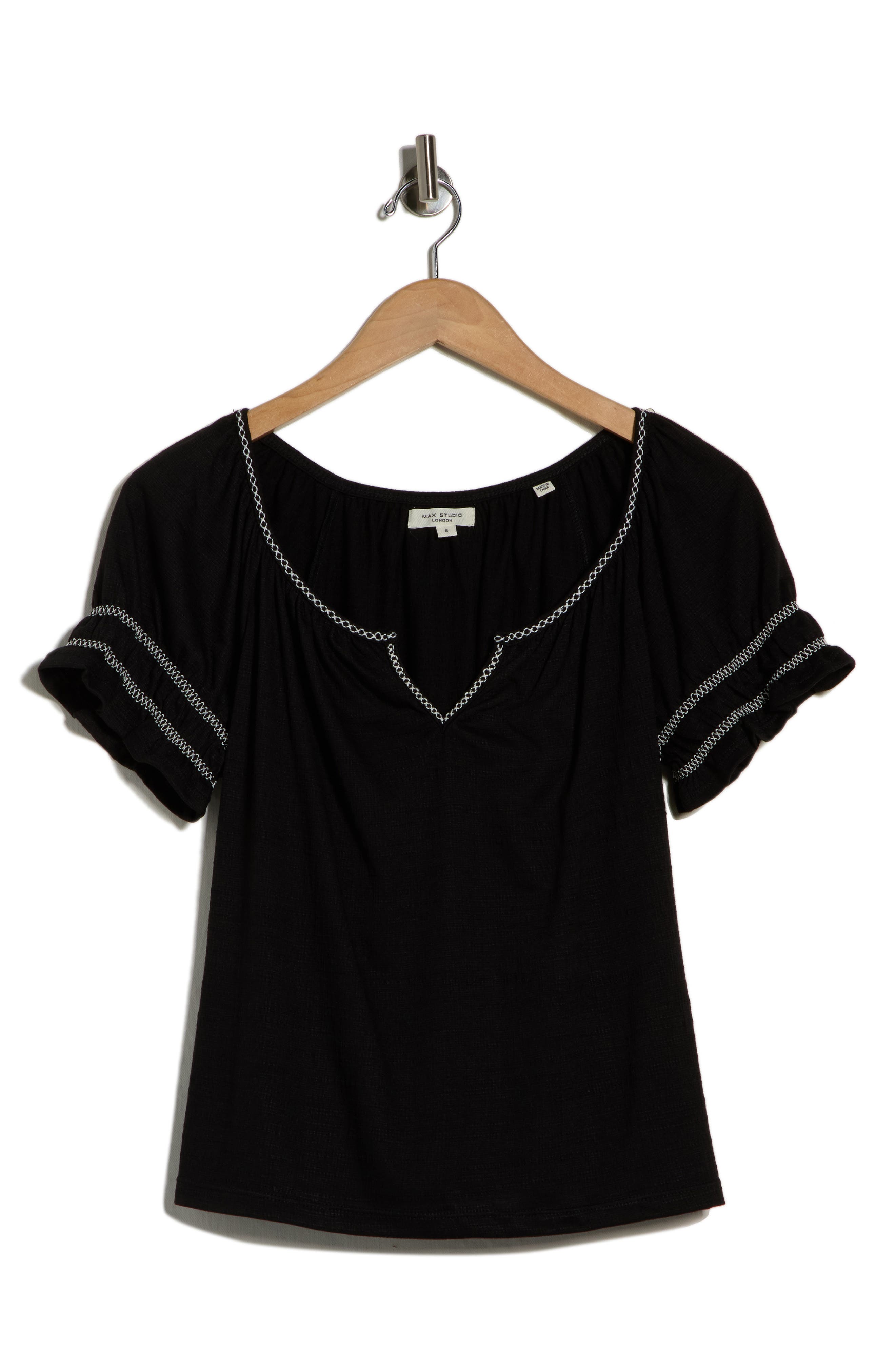 MAX STUDIO Topstitched Puff Sleeve Crepe Top