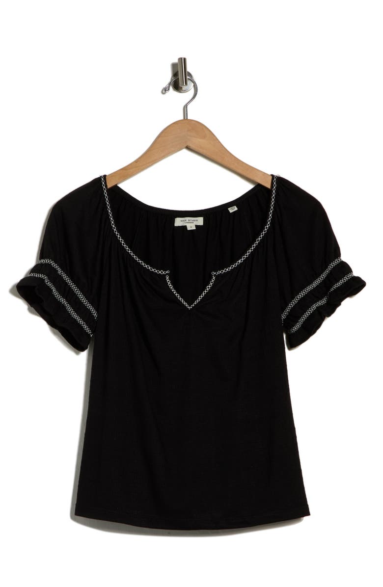 MAX STUDIO Topstitched Puff Sleeve Crepe Top, Main, color, Black