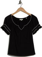 MAX STUDIO Topstitched Puff Sleeve Crepe Top