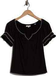 MAX STUDIO Topstitched Puff Sleeve Crepe Top