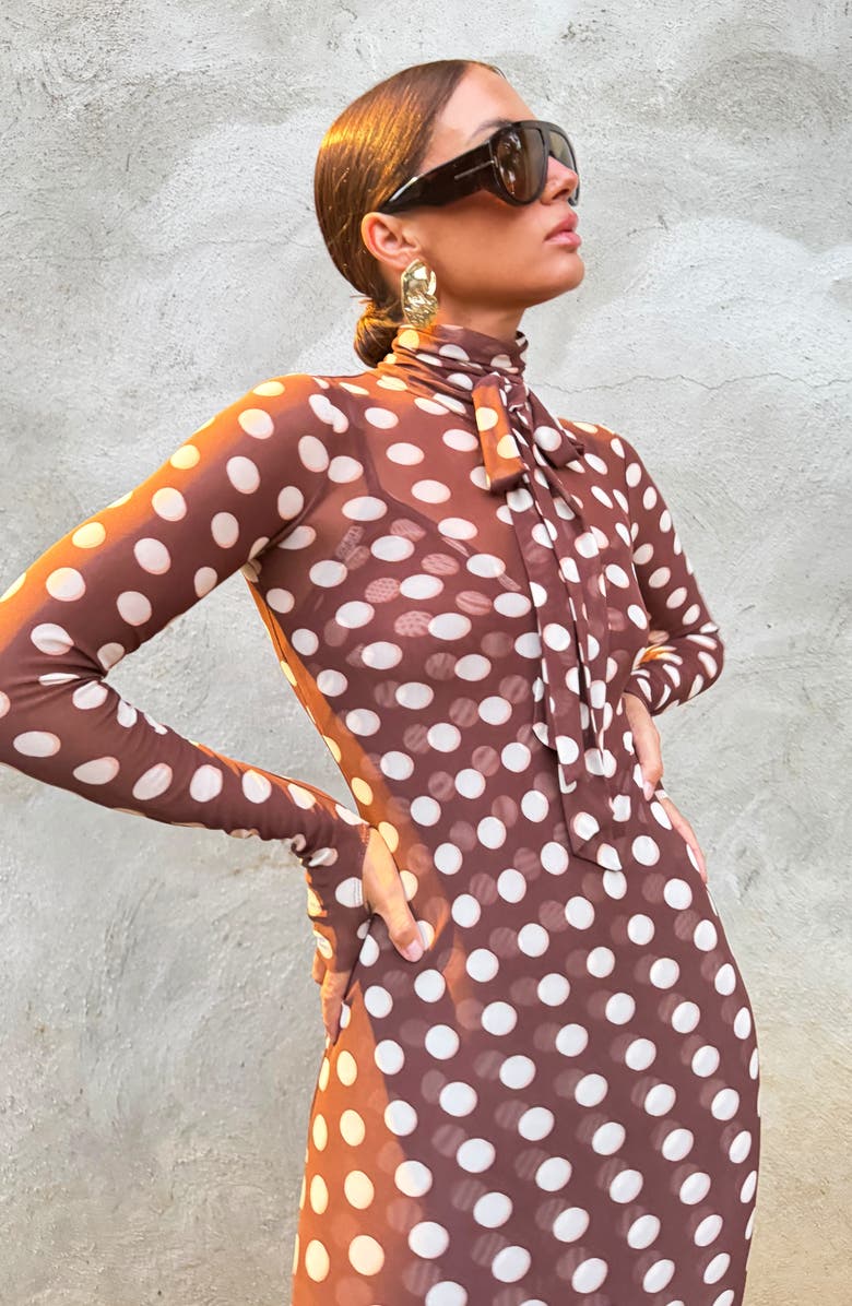 AFRM Bryony Long Sleeve Polka Dot Mesh Dress, Alternate, color, Chocolate Halo Dot