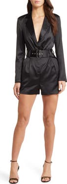 bebe Belted Long Sleeve Satin Blazer Romper