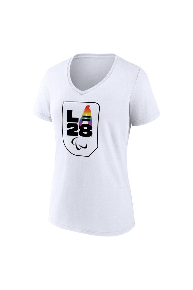Women's White LA 2028 Summer Olympics Logo Pride V-Neck T-Shirt, Alternate, color, White