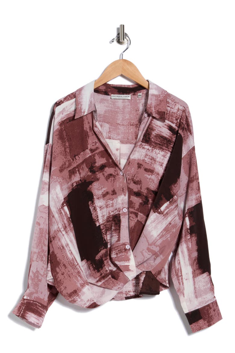 Abstract Print Gathered Button-Up Shirt, Alternate, color, PINK