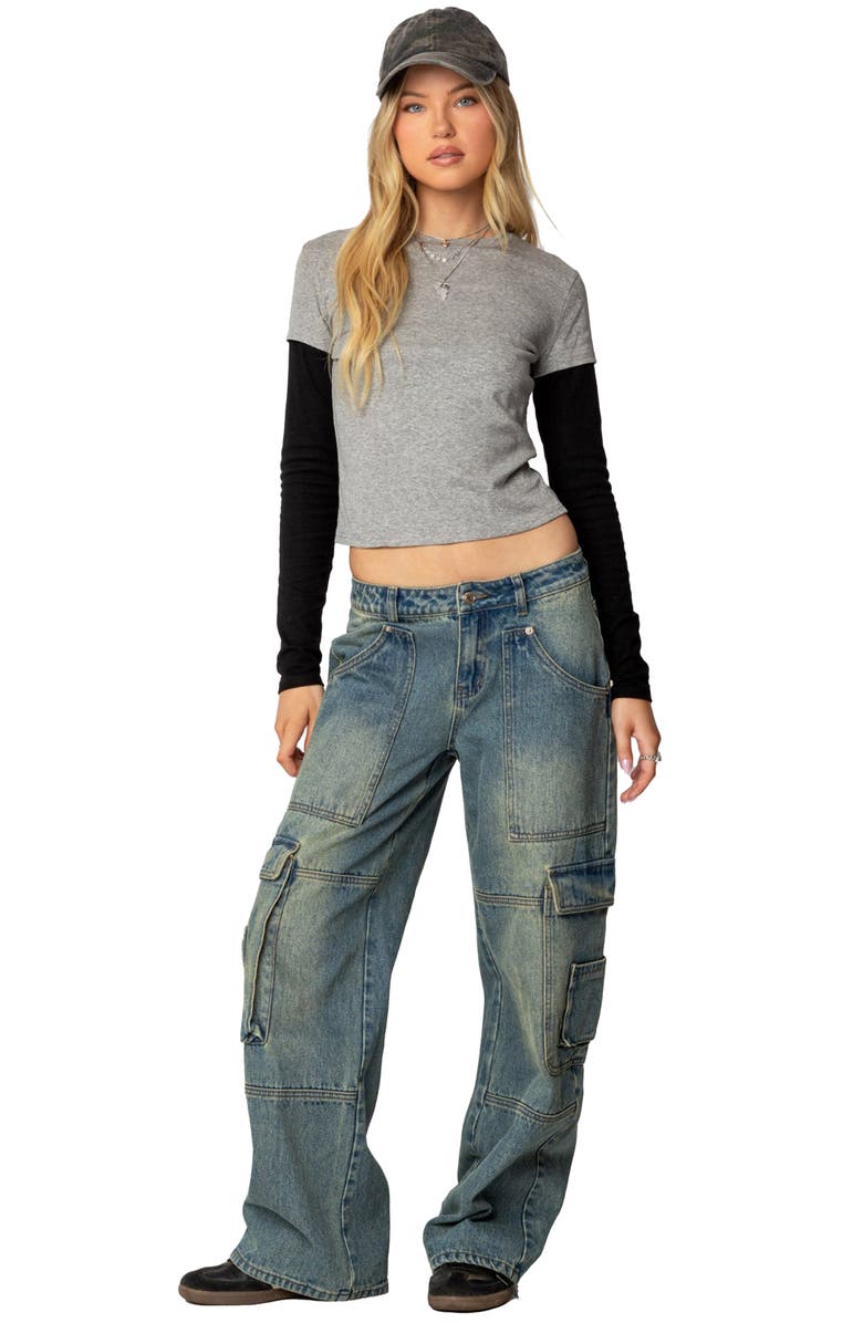 EDIKTED Layered Look Long Sleeve Cotton T-Shirt, Alternate, color, Gray-Melange