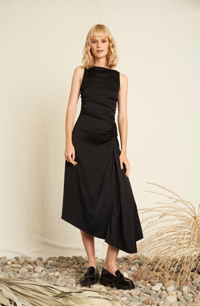 Luxely Finch Ruched Satin Midi Dress, Alternate, color,