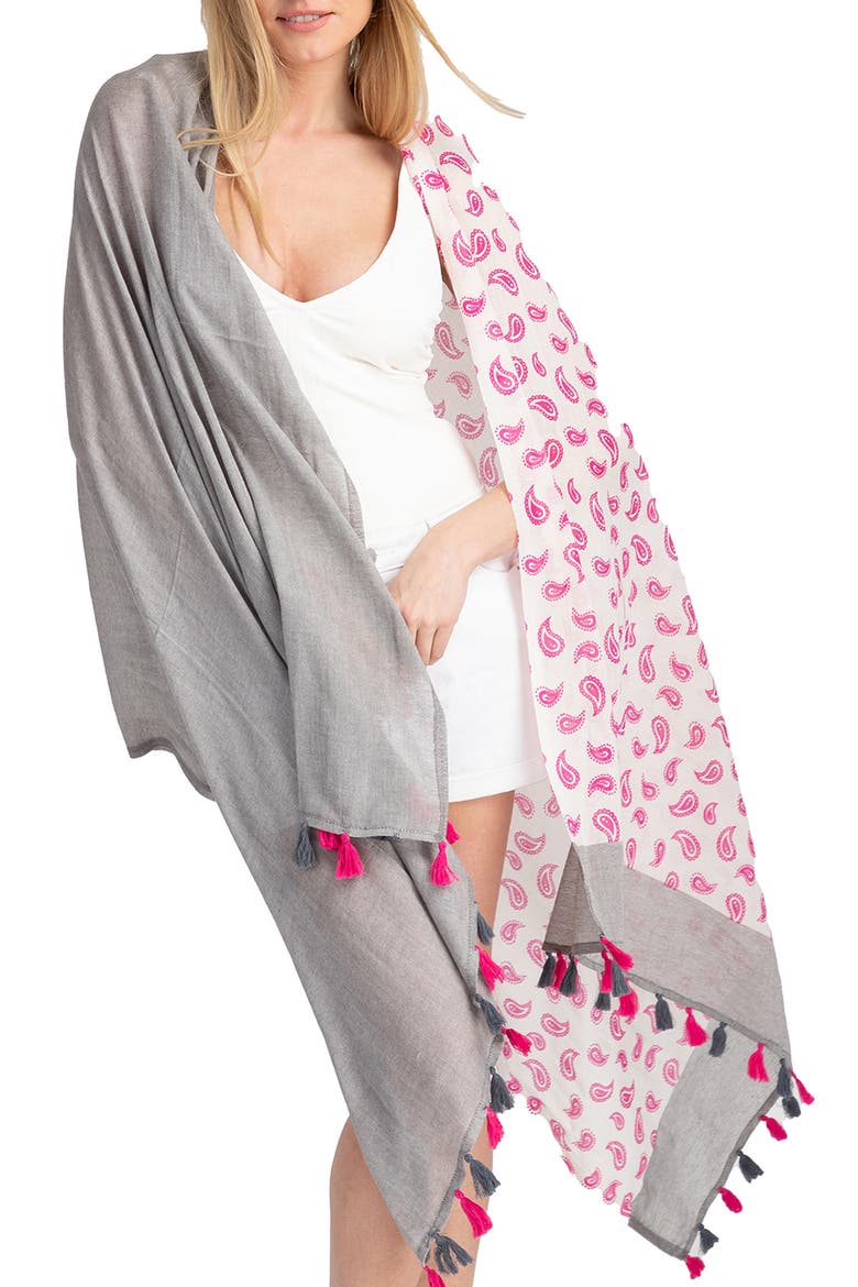 Paisley Panel Tassel Trim Scarf, Main, color, GREY