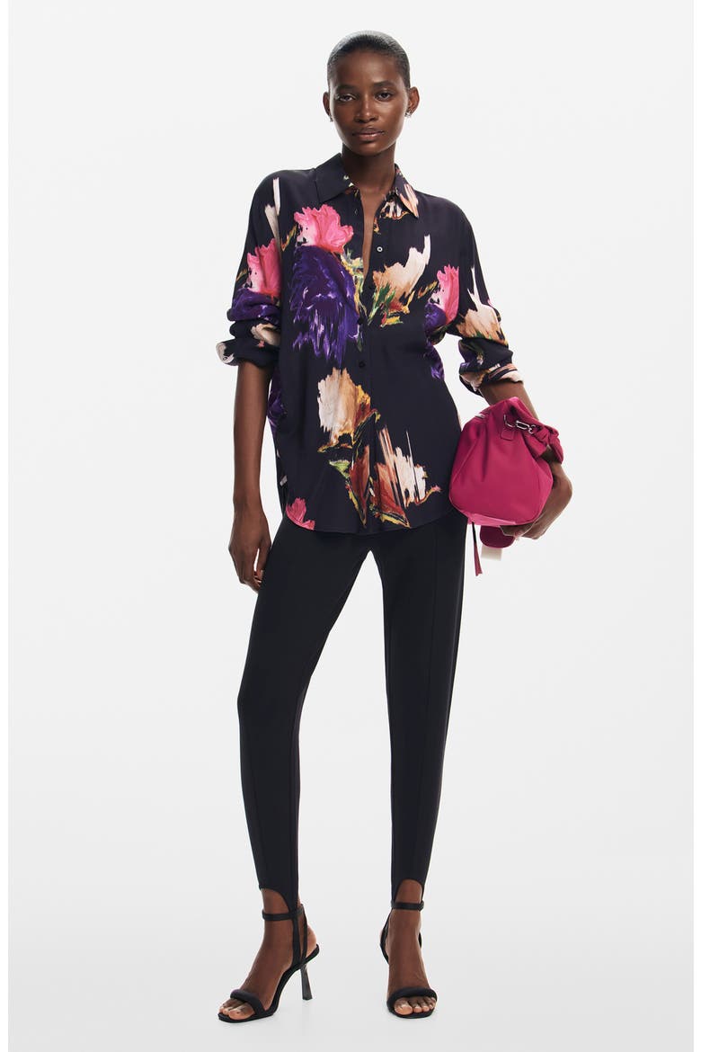 Nagoya Print Ruched Button-Up Shirt, Alternate, color, BLACK