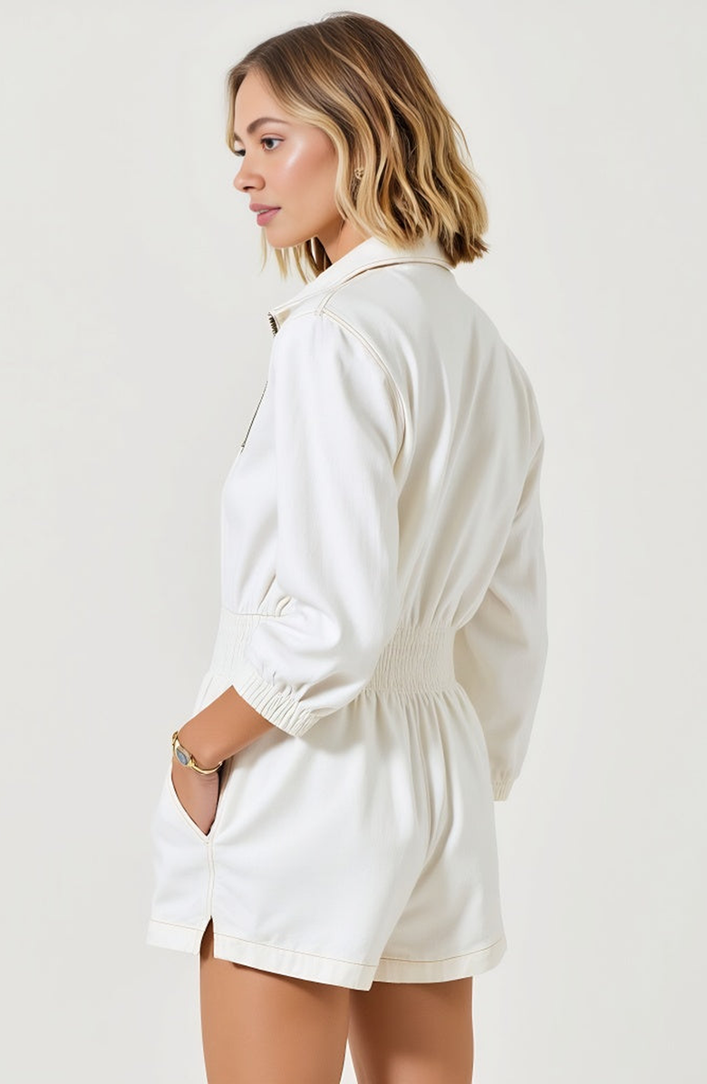 Modenaire Zip Front Long Sleeve Romper with Elastic Waist and Collar Detail, Alternate, color, White