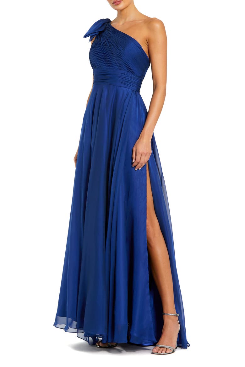 Petite Pleated One Shoulder Chiffon Gown, Main, color, Cobalt
