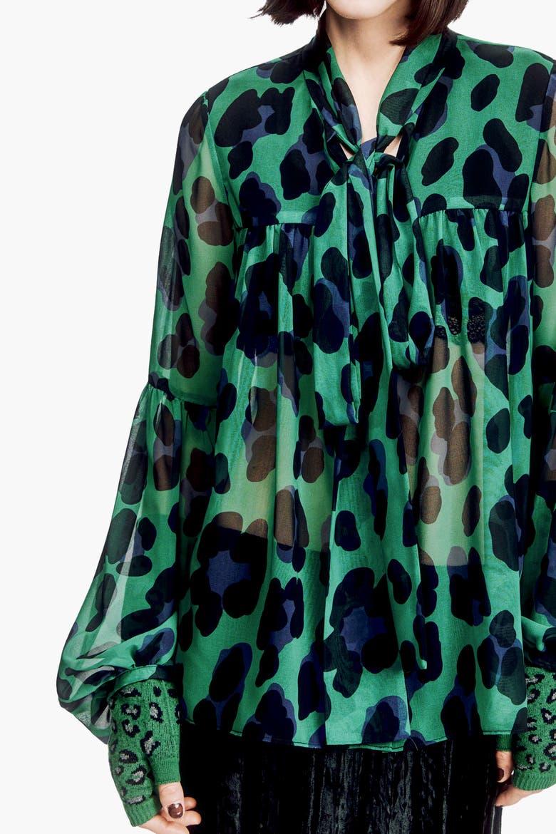 Jewel Jaguar Chiffon Tie Blouse, Alternate, color, JADE