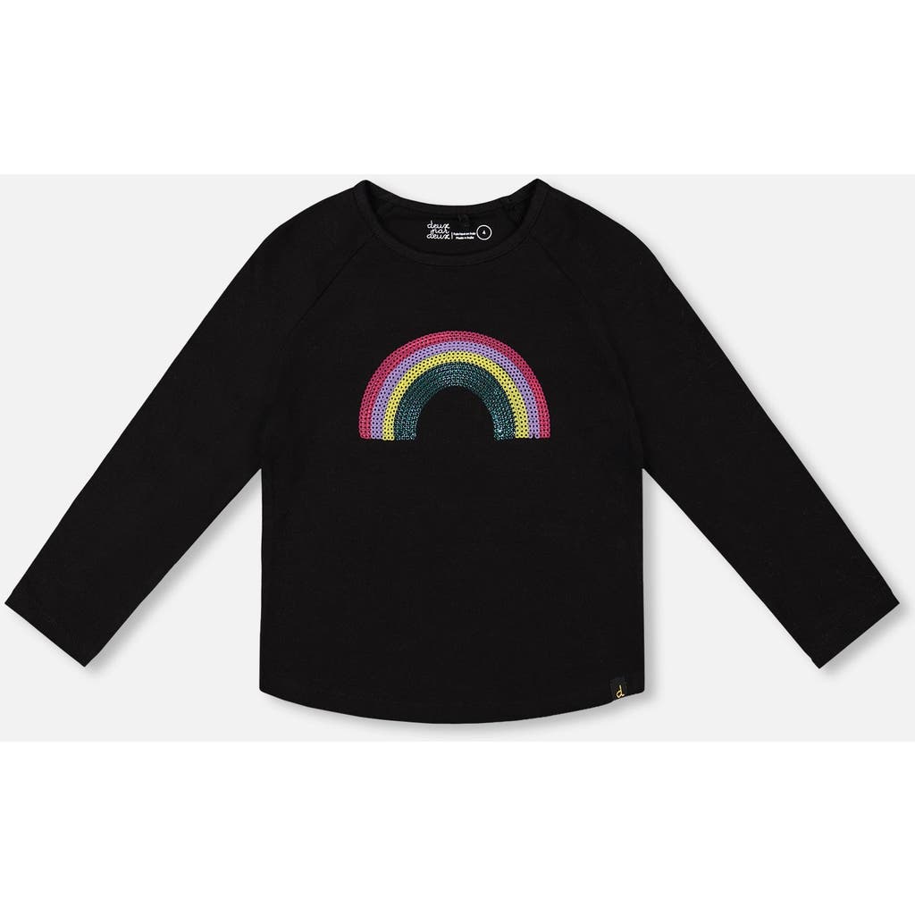 Deux Par Deux Organic Cotton Long Sleeve T-shirt With Sequin Rainbow In Black