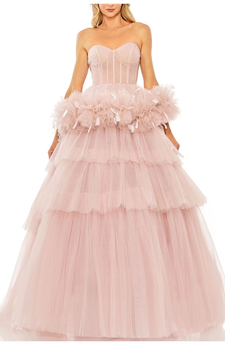 Mac Duggal Feather-Trimmed Tulle Sweetheart Neck Ballgown, Main, color, Rose