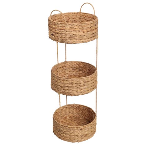 Levity Coastal Handwoven Water Hyacinth 3-Tier Round Freestanding Storage Rack with Metal Frame and Handles