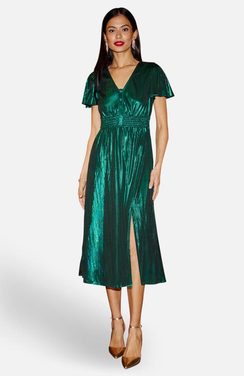 Metallic Ruched Midi Dress