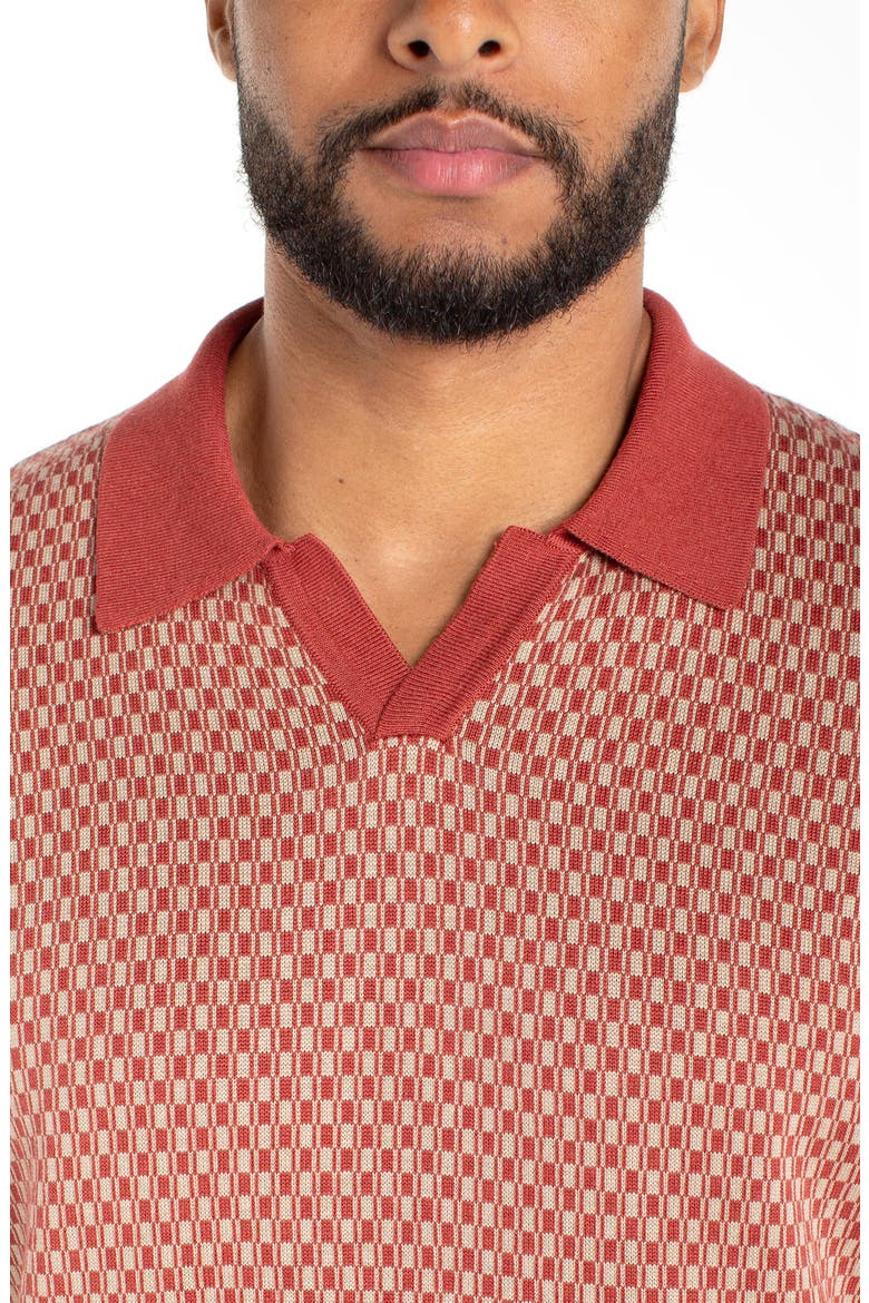 Geo Pattern Johnny Collar Polo Sweater, Alternate, color, RUST TAN