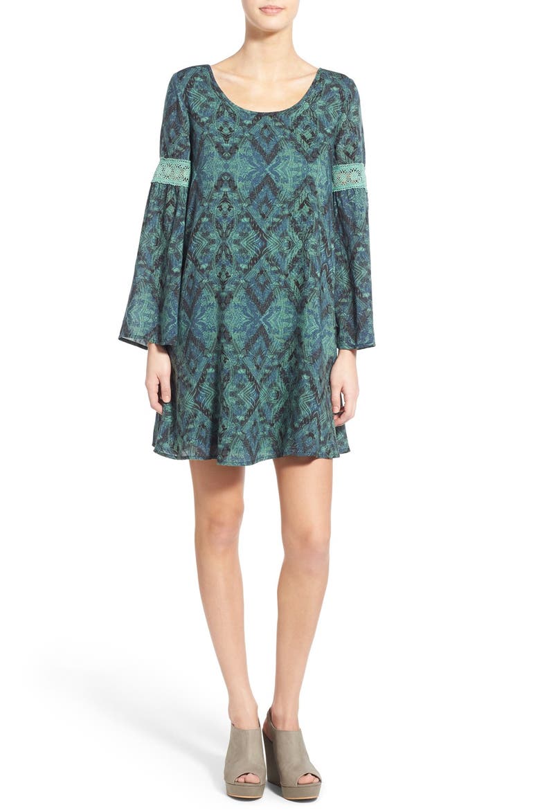 Print Bell Sleeve Shift Dress, Main, color, GREEN FELDSPAR WANDERING