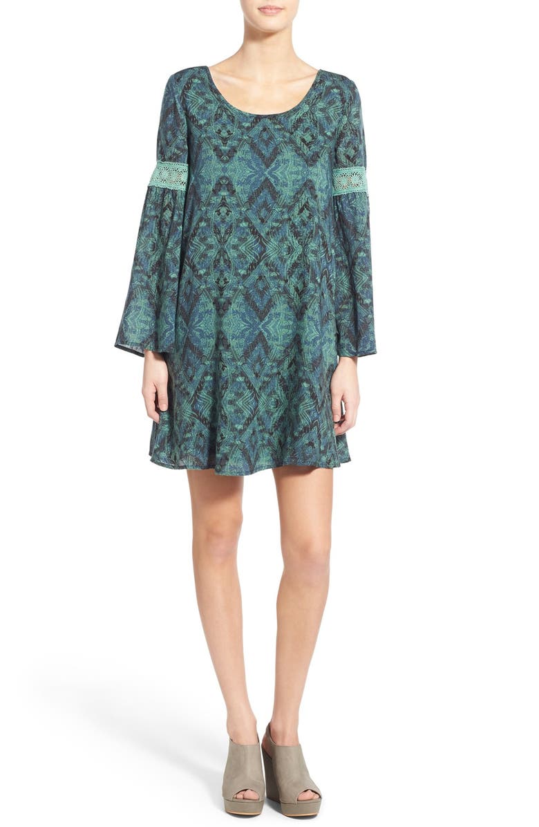 Sun & Shadow Print Bell Sleeve Shift Dress, Main, color, 