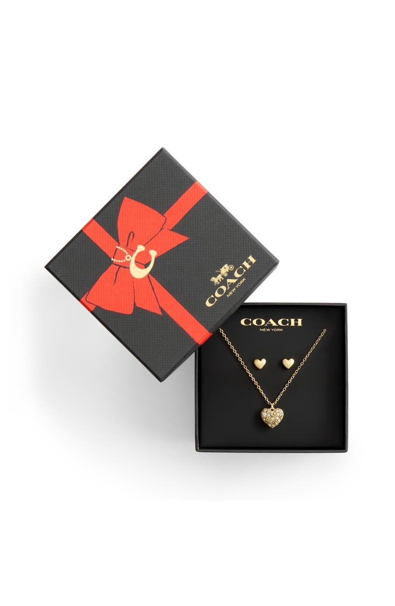 COACH Pavé Heart Pendant Necklace & Stud Earrings Set, Alternate, color, Crystal/ Gold
