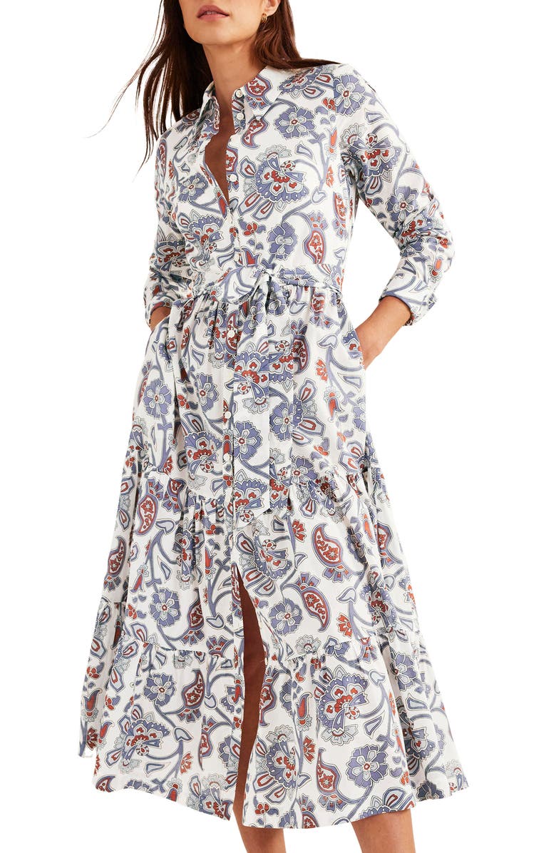 Boden Paisley Tiered Shirtdress, Main, color,