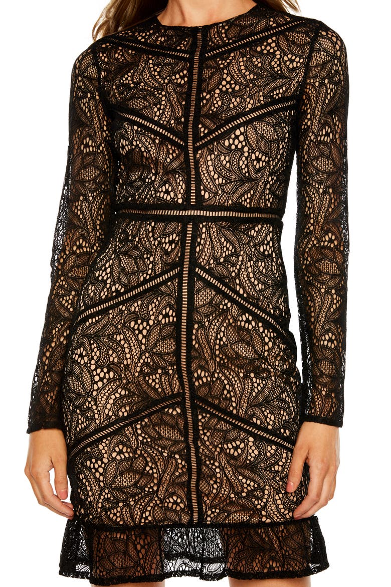 Sasha Long Sleeve Lace Cocktail Minidress, Alternate, color, BLACK