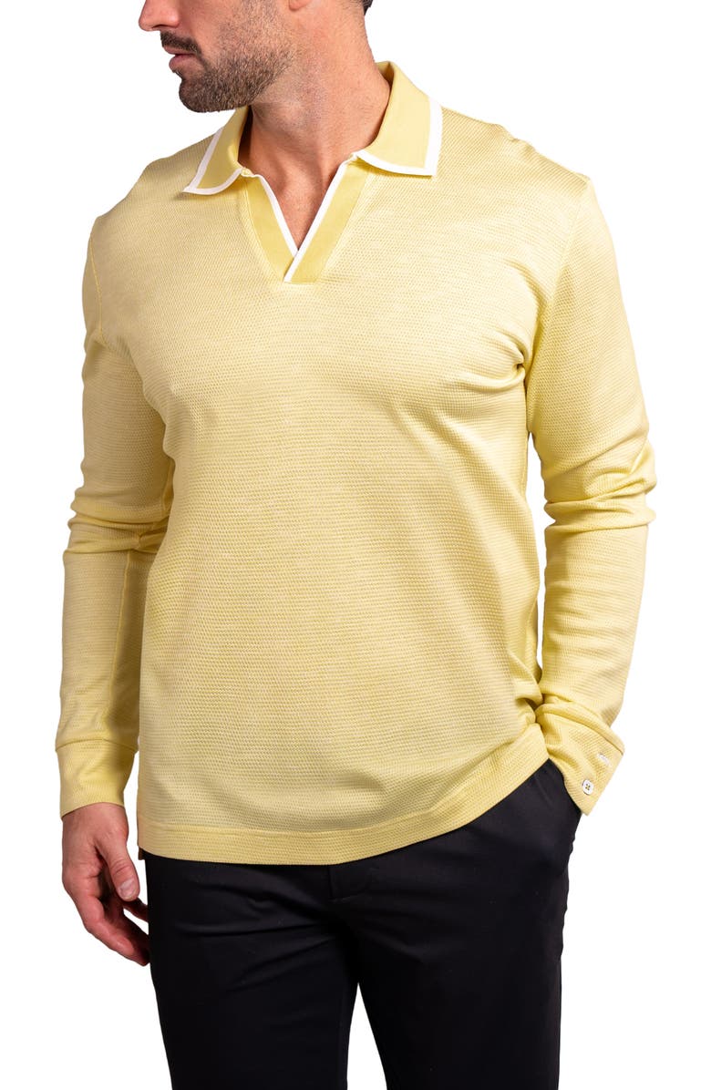 Maceoo Ascension0003 Yellow Johnny Collar Long Sleeve Textured Cotton Polo, Alternate, color, Yellow