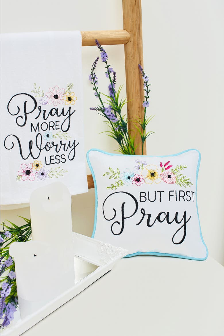 But First Pray Accent Pillow, Alternate, color, White