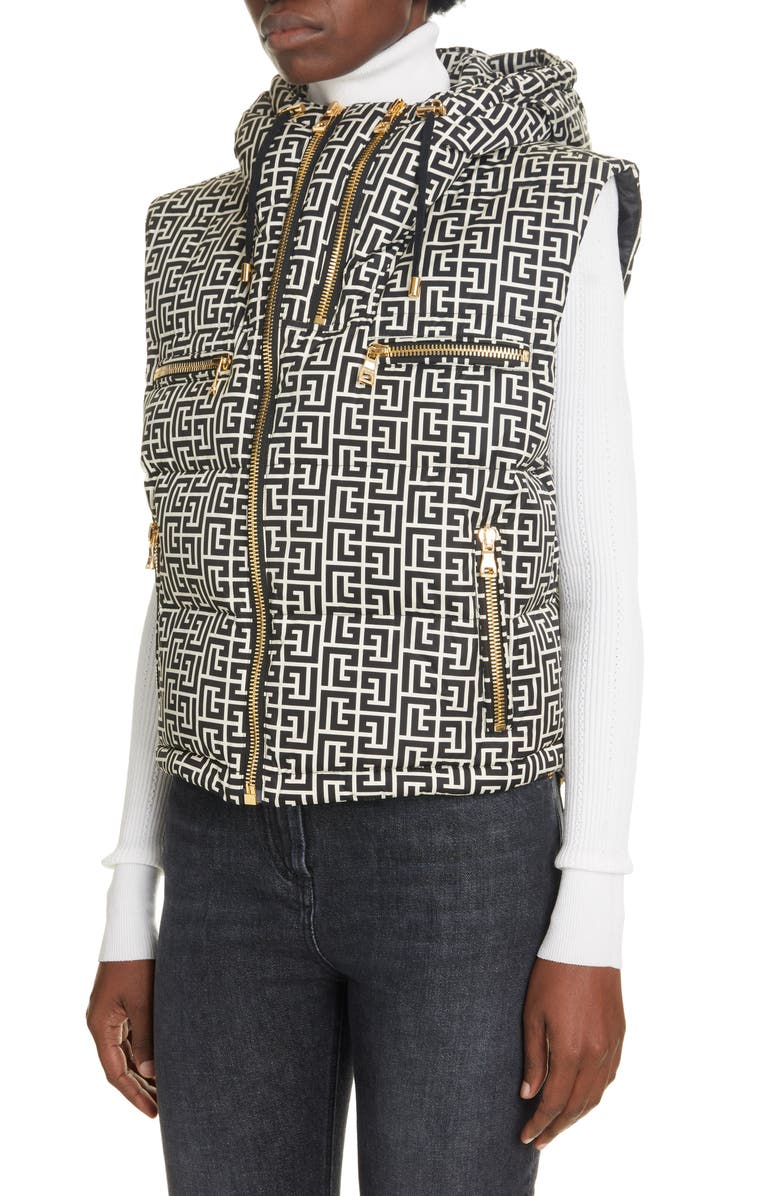 Balmain Logo Monogram Quilted Puffer Vest, Alternate, color, 
